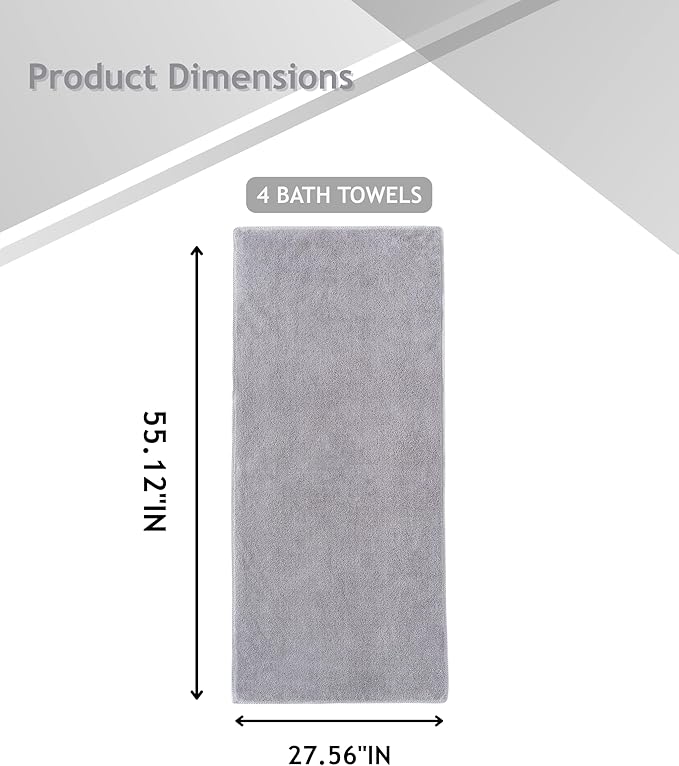 sakano 4-Piece Bath Towel Set,Quick-Dry Absorbent Lint Free & Launder Soft Coral Velvet Microfiber Towels for Bathing, Fitness, Spa, and Guest Use -Light Gray, 28 x 55 inches