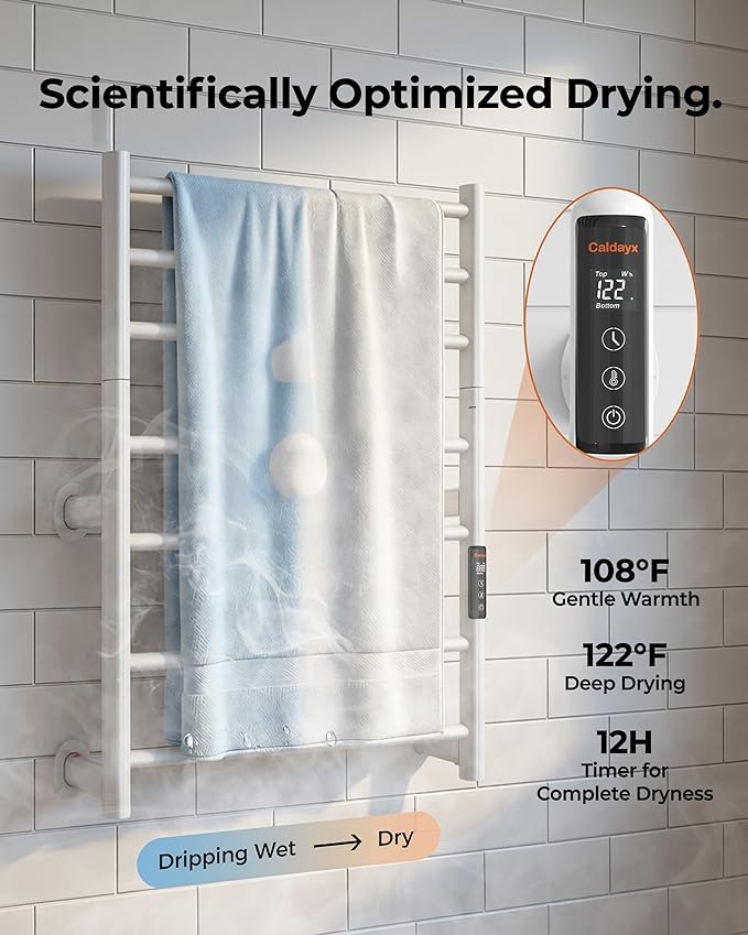 Foldable Heated Towel Rack, Dual-Zone Electric Towel Warmer Rack with Timer, GFCI Plug-in or Hardwired, Wall-Mounted, Drill-Free Installation, Matte White, CA3-700X550-Standard-MW