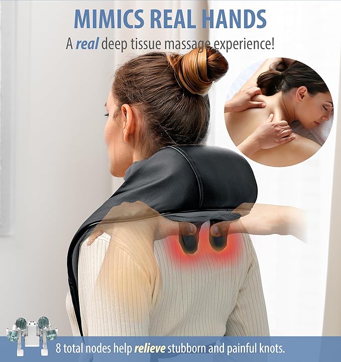 Zyllion Cordless Neck and Shoulder Massager with Heat - 4D Rechargeable Electric Shiatsu Kneading Deep Tissue Massage for Back and Muscle Pain Relief, Black, ZMA-36