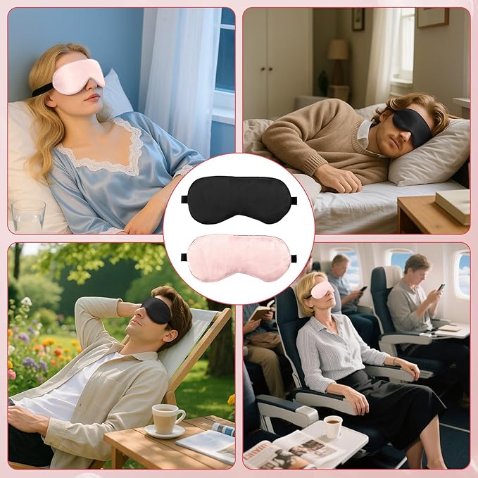 2 PCS Black Pink Satin Sleep Masks, Adjustable Silk Eye Mask for Sleeping, Eye Sleep Shade Cover, Blind Folds Soft Breathable Blindfold for Play Party Games Airplane Travel Essentials Cover Gifts