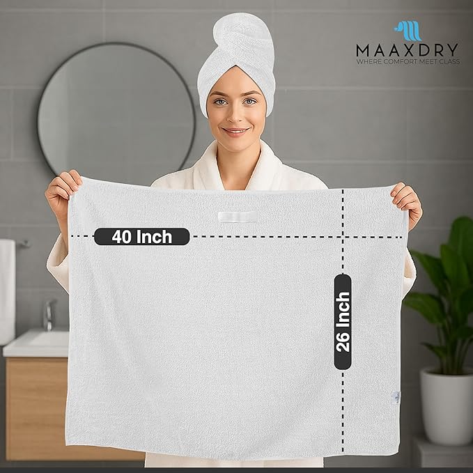 100% Cotton Hair Towel Wrap for Women, Men & Kids – Non-Microfiber 450 GSM Thick Super Absorbent Hair Towel 26x40 Inches, Secure Elastic Hair Wrap for Long & Curly Hair (White)
