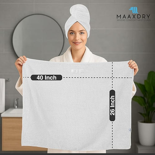 100% Cotton Hair Towel Wrap for Women, Men & Kids – Non-Microfiber 450 GSM Thick Super Absorbent Hair Towel 26x40 Inches, Secure Elastic Hair Wrap for Long & Curly Hair (White)