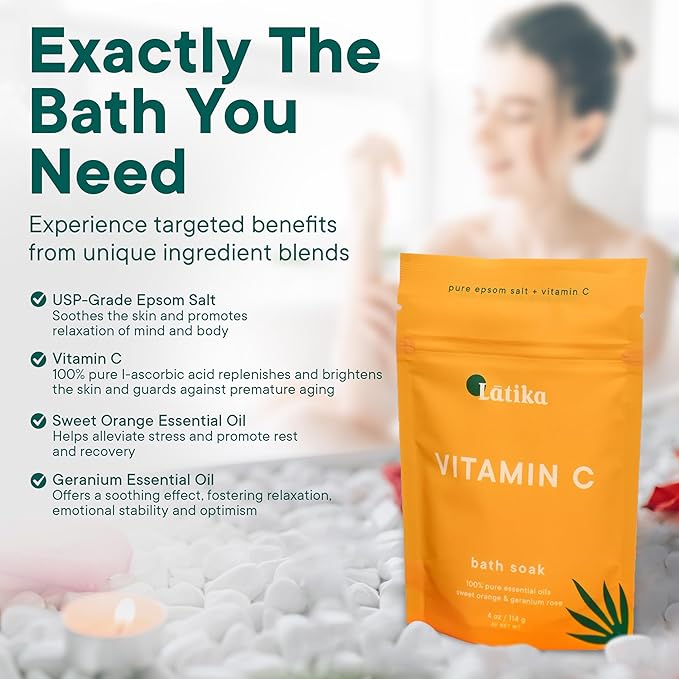 Latika Soaks Set of 3 - Vitamin C Bath Soaks with Sweet Orange and Geranium Rose - Moisturizing Epsom Salt Soaks for Stress Relief, Detox, and Antioxidant Skincare - At Home Spa Retreat