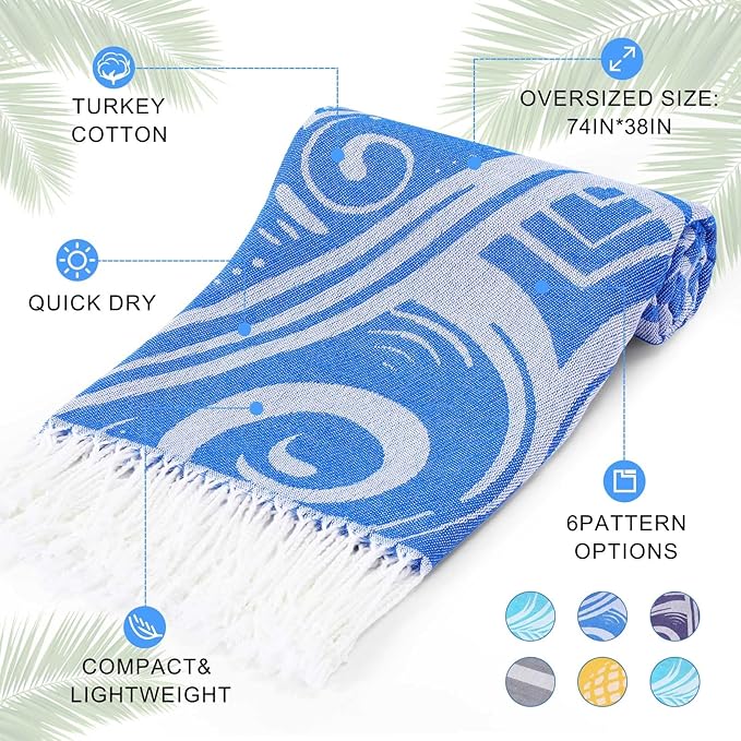 Genovega 6 Packs Oversized Turkish Beach Bath Towel Set Bulk 74"x38" Extra Large Sand Free Quick Dry Swim Camping Pool Clearance Towels Travel Blanket Adult Essentials
