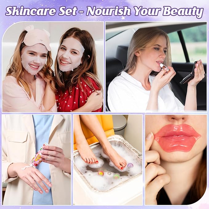 80PCS Spa Party Favors, Include Face Masks, Lip Balm, Hand Cream, Under Eye Patches, Lip Mask, Foot Bath Bombs, Hair Bands,Sleepover Spa Party Supplies,Birthday Kit for Women Girls Gift Skincare Set