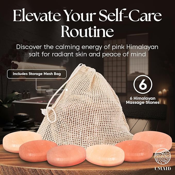 UMAID Himalayan Salt Massage Stones 6-Pack – Mothers Day Gifts for Mom – Pink Crystal Spa Stones with Cotton Mesh Bag for Relaxation, Self Care, Spa Gifts for Women & Wellness