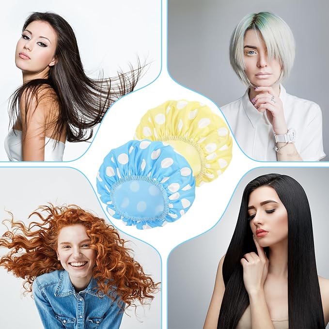 WSICSE 2 Packs Large Shower Cap, Waterproof Reusable Shower Cap Double Layers Hat Bath Caps with Hair Scrunchies for Home Spa Salon, blue, yellow