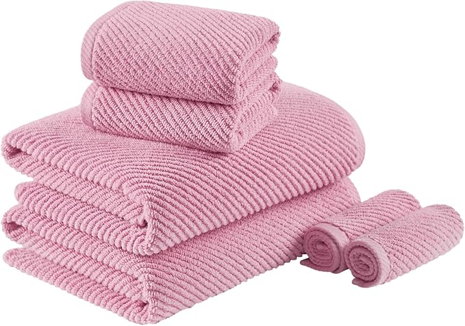 Madison Park Bathroom Towel Set of 6 Diagonal Ribbed, Pink 100% Cotton Quick Dry & Absorbent| 2 Bath 30" x 56"| 2 Hand 18" x 28"| 2 Washcloths 13" x 13"| Zero Twist, 500 GSM, Oeko-TEX