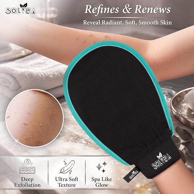 Exfoliating glove for Shower & Exfoliating body scrubber – 100% Vegan Viscose Kessa Mitt for Dead Skin Removal, Self-Tan Fade & Keratosis Pilaris –Dual-Texture Glove for Spa & Massage (1 Pack Black)