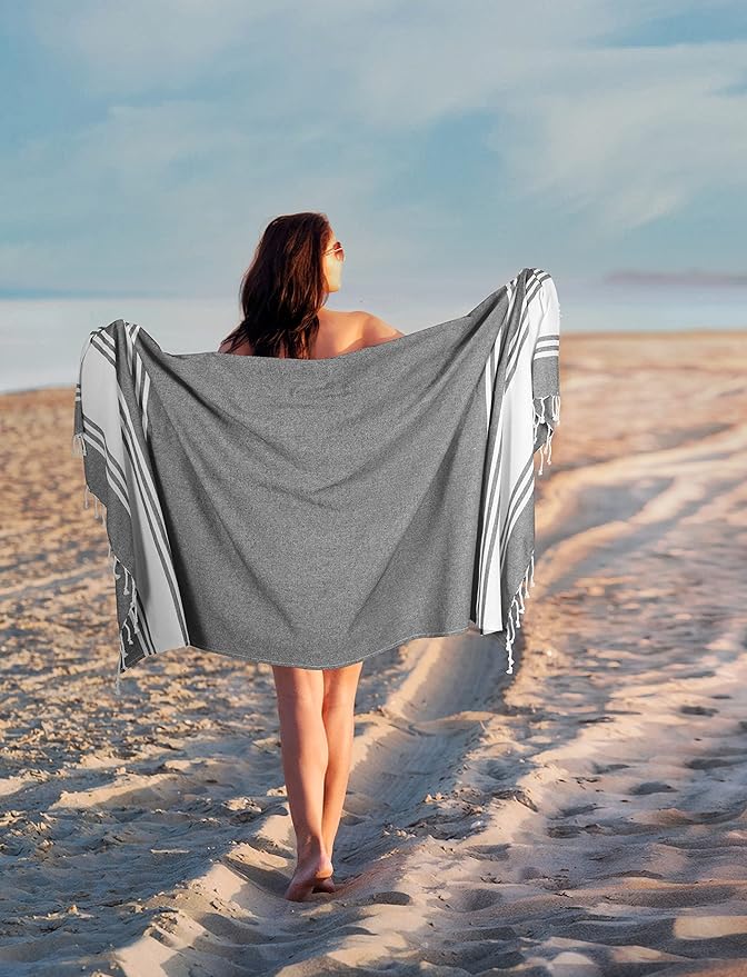 Goroly Home Cotton Turkish Peshtemal Beach Towel, Extra Large, Thin Quick Dry Sand Free Pool & Swim Towel, Bathing Blanket, Travel Essentials, (Charcoal, 36x71 Inches)