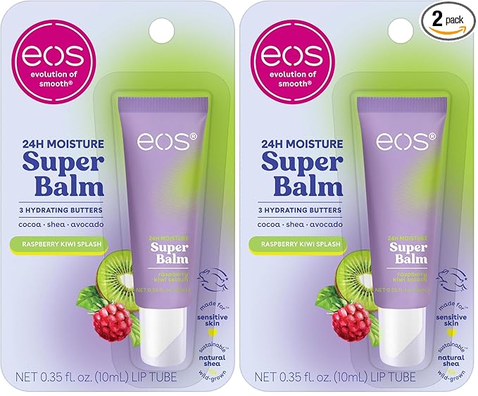 eos 24H Moisture Super Balm - Raspberry Kiwi Splash, Day or Night Lip Treatment, Made for Sensitive Skin, Lip Balms & Moisturizers, 0.35 fl oz (Pack of 2)