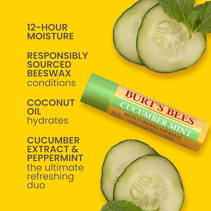 Burt's Bees Lip Balm - Original Beeswax, Cucumber Mint, Watermelon & Sweet Mandarin, With Responsibly Sourced Beeswax, Tint-Free, Natural Origin Treatment, 4 Tubes, 0.15 oz. (Pack of 12)