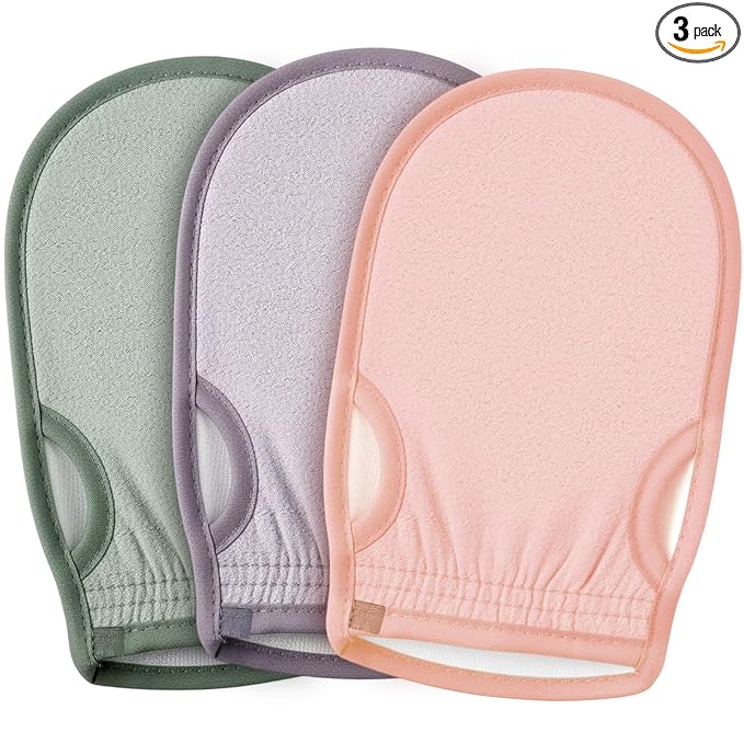 Gilprop 3 Pcs Korean Exfoliating Gloves with Thumb Holes Thorough Exfoliating Mitts for Dead Skin Removal Shower, Machine Washable, Reusable and Skin-friendly Material