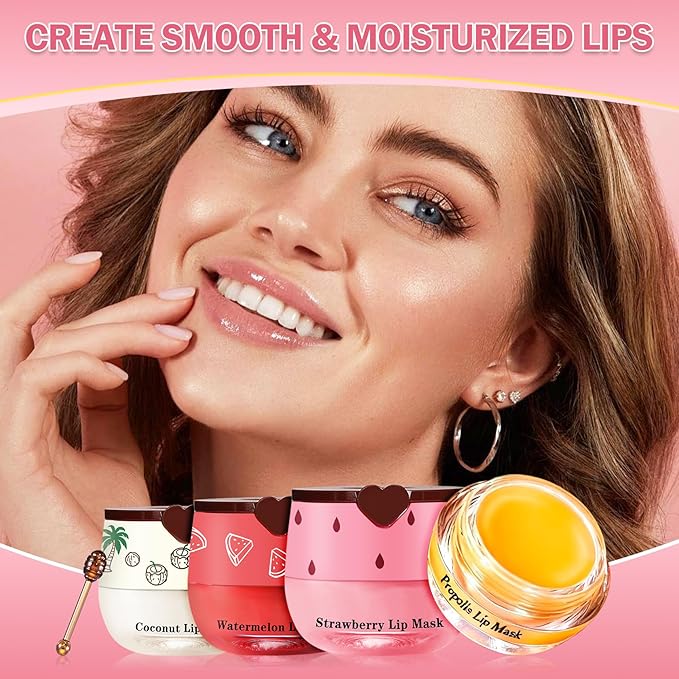Honey Pot Lip Balm Set,4PCS Strawberry Watermelon Coconut Honey Lip Balm,Moisturizing and Repair Bee Lip balm honey Pot,Prevention Dry and Crack Lip Sleeping Mask