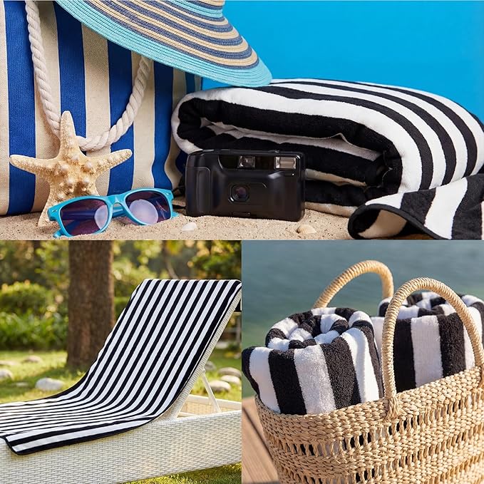 SmoothNovelty 16 Pack Microfiber Bath Towels Bulk 27'' x 60'' Oversized Size Bath Towel Highly Absorbent Extra Large Soft Drying for Beach Shower Summer Salon Sport Gym Party (Stripe,Black)