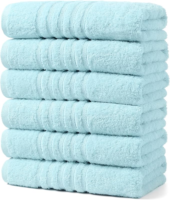 Aibaser Towels 6 Pack Bath Towel for Bathroom, 100% Cotton (24 x 48 Inches) High Absorbency Quick Drying (Sky Blue)