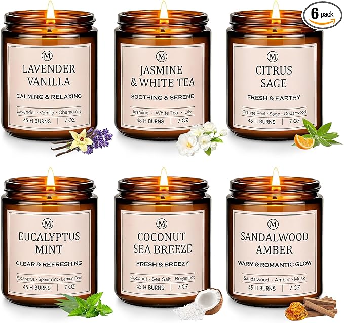 6-Pack Scented Soy Candle Set – Lavender Vanilla, Eucalyptus, Sandalwood, Jasmine & White Tea, Coconut, Sage | Natural Long Lasting Aromatherapy Candles for Home, Relaxation & Birthday Gifts