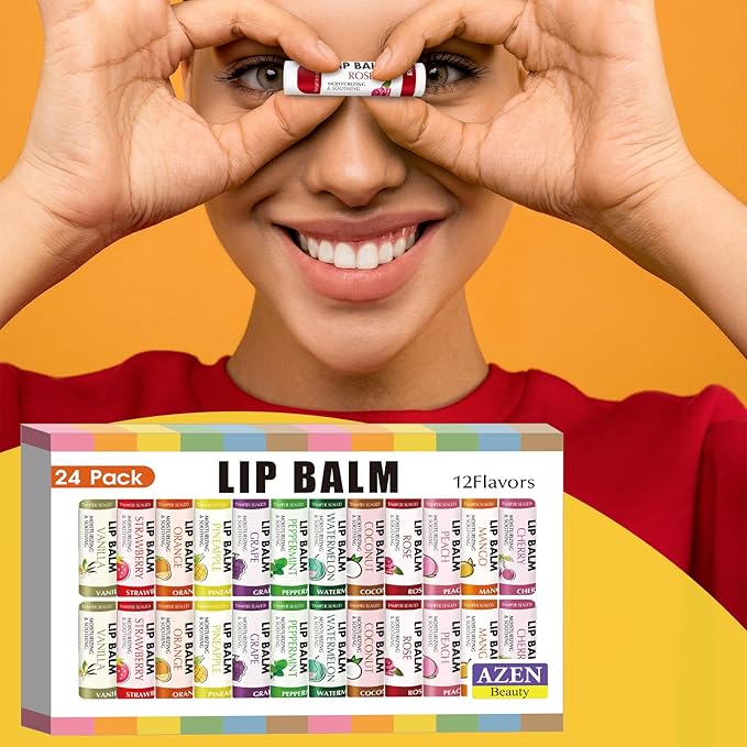AZEN 24 Pack Lip Balm Bulk, Moisturizing Lip Balms for dry cracked lips, Mothers Day Gifts Easter Basket Stuffers - 12 Flavors