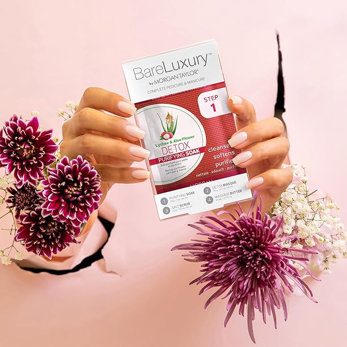 Morgan Taylor BareLuxury 4-Step Complete Pedicure & Manicure Packs - Complete Nail Care Kit with Soak, Masque, Scrub & Massage Butter, Professional Spa-Quality Treatments (Detox Lychee & Aloe Flower)