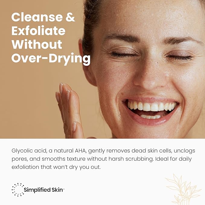 Simplified Skin Glycolic Acid Face Wash for Exfoliating & Anti-Aging - 10% AHA Cleanser to Remove Build Up & Even Tone on Face, Armpits & Body – With Aloe Vera & Sunflower Oil, 6 Fl Oz