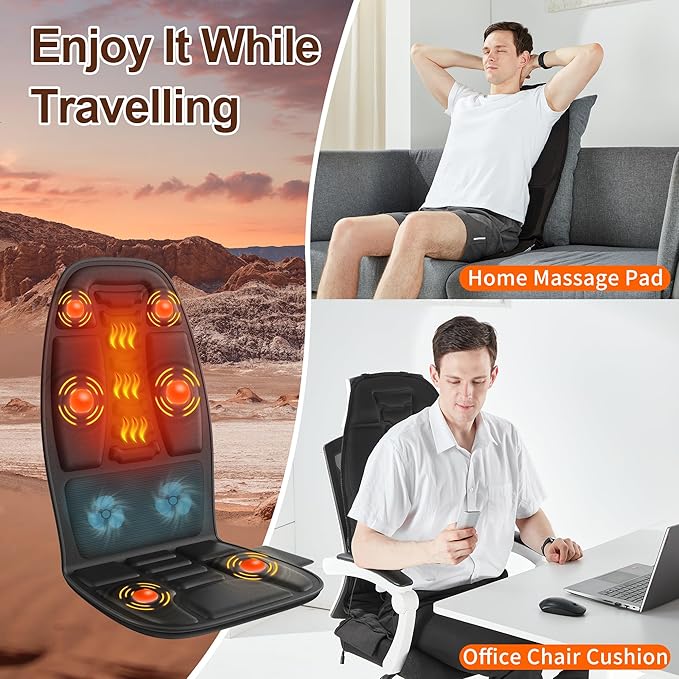 Back Massager with Heat, Cooling Back Massager for Chair, Chair Massager for Full Body Massage, Deep Tissue Vibration Pad with 6 Vibration Nodes, Jet-Black