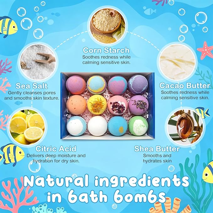 12 PCS Natural Bath Bombs with Toys Inside, Upgrade Fizzy Bubble Bath Gift Set with 12 Different Fragrances, Ocean Theme Bath Fizzies, Natural Sea Salt Color Changing Spa Easter Bath Balls