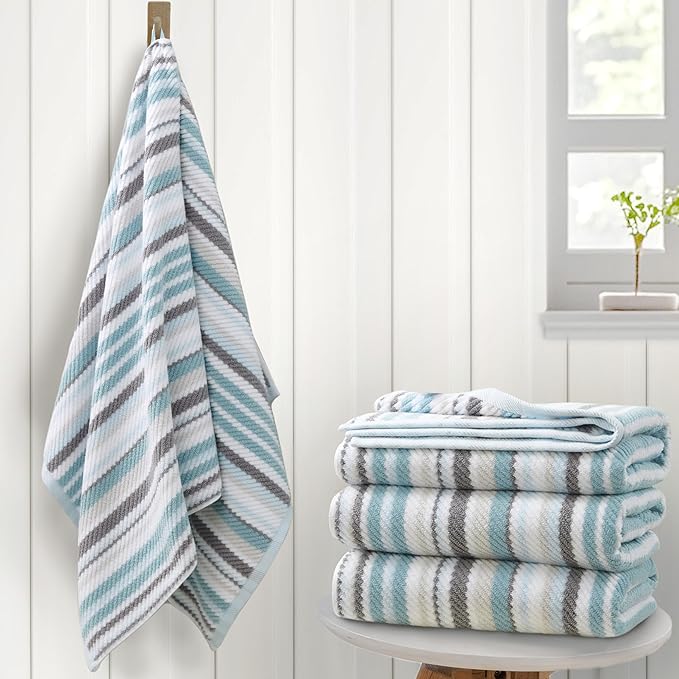 VOOVA & MOVAS Bathroom & Guest Room Aqua Striped Bath Towels (Set of 4, 28"x52") - 100% Cotton Lightweight Super Soft Highly Absorbent Quick Dry Shower Towels with Hanging Loop | Gray & Aqua Striped