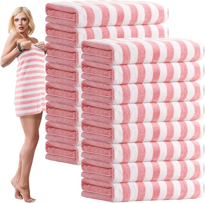 SmoothNovelty 16 Pack Microfiber Bath Towels Bulk 27'' x 60'' Oversized Size Bath Towel Highly Absorbent Extra Large Soft Drying for Beach Shower Summer Salon Sport Gym Party (Stripes,Pink)