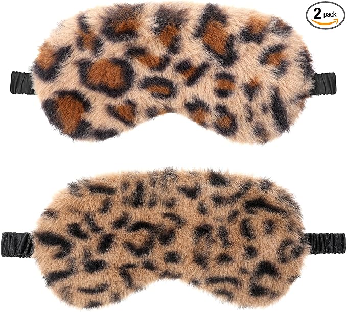 2 Pcs Plush Leopard Eye Mask Soft Sleeping Blindfold Eye Cover Comfortable Furry Faux Fur Sleeping Mask Satin Nap Night Eyeshade Cover for Women Men Gift (Brown, Coffee)