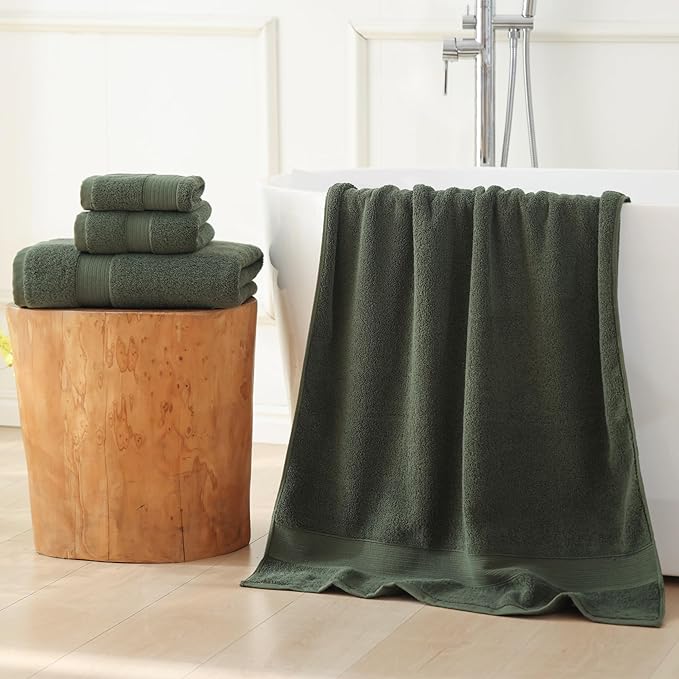 27x55 Bath Towels Set 100 Percent Cotton 650GSM Luxury Super Soft Absorbent Bathroom Towels (Olive Green,Pack of 2)