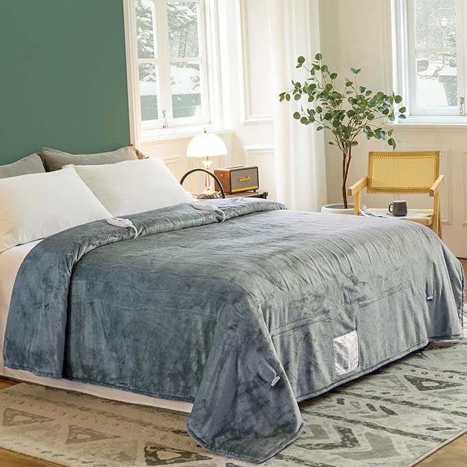 JET'S HOME Heated Blanket Queen 84"x90" - ETL&FCC Certified Flannel Electric Blanket Throw Machine Washable Heating Blanket with 4 Heating Levels 10 Hours Auto-Off Overheating Protection (Grey)