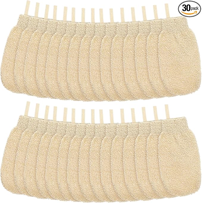 30 Pcs Exfoliating Shower Gloves Stretchable Ramie Bath Mitts with Hanging Loop Body Scrubber Exfoliator Loofah Washcloth Deep Clean Dead Skin for Spa Massage Skin Shower Hotel Use (Beige)