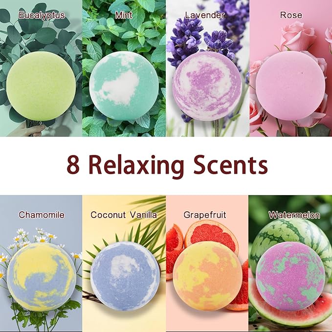Bath Bomb Gift Set for Women, 8 Pac Bath Bombs for Girls, Natural Bubble Bathbombs with Essential Oils, Self Care Gifts, Relaxation Spa Gift Basket,Birthday, Mothers Day Gifts for Mom, Wife,