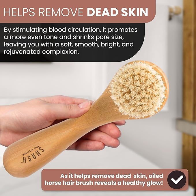 SHASH Made in Germany Hand Made Since 1869 First Cut 100% Boar Bristle - Exfoliating Face Brush, Scrub Cleansing Brush, Exfoliates Skin to Help Reduce Flaking, Fine Lines, Supports Glowing Complexion