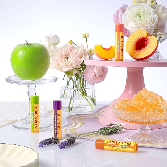 Burt's Bees 4 Pack Lavender Vanilla, Sweet Peach, Green Apple, Wildflower Honey; 24 Hour Moisture Moisturizing Lip Balm, 100% Natural Origin, Mother's Day Gift, 4 Tubes, 0.15 oz