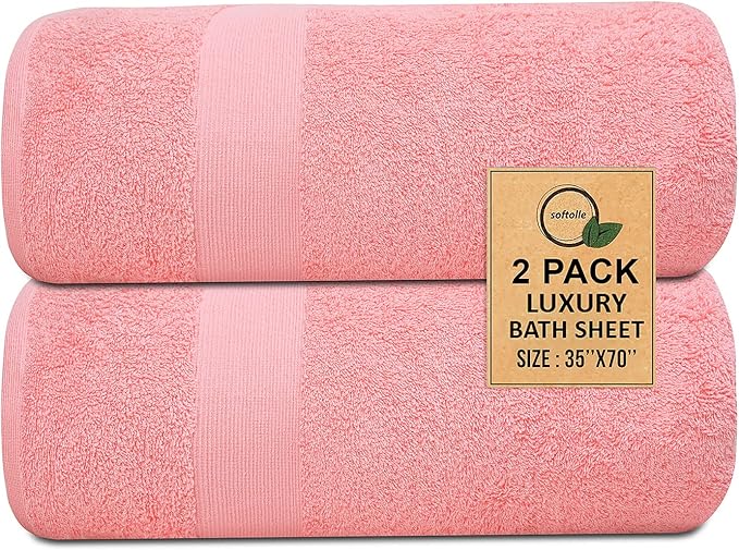 Softolle 100% Cotton Luxury Bath Sheets - Pack of 2 (35" x 70") | Super Soft, Quick-Dry & Highly Absorbent Towels for Bathroom, Home, Spa & Gym (Pink)