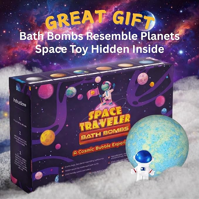 EvolutionUSA 6 Space Bath Bombs for Boys & Girls - Planet Bath Bombs Toy Inside, Organic Childrens Bathbomb Set, Cosmic Bath Fizzers, Kid Bath Bomb Gift for Valentines, Birthday, Christmas, Easter