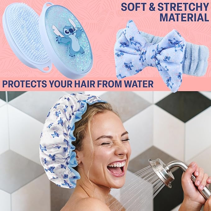 Disney Stitch Shower Accessories Set and Clear Toiletry Bag with Shower Cap Headband Bath Sponge for Bath Spa, Gifts for Girls, Teens, Women (Blue Stitch)