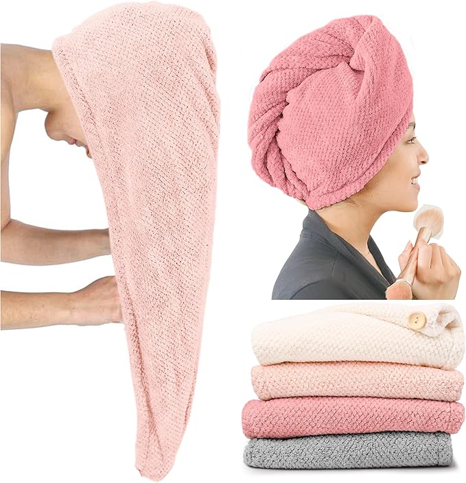 ROLSHOL Extra Large 4 Pack Microfiber Hair Towel Wrap for Women Super Absorbent & Quick Dry Hair Drying Towels with Button, Hair Turbans for Curly Hair Long & Short Hair - Anti-Frizz Coral Pink