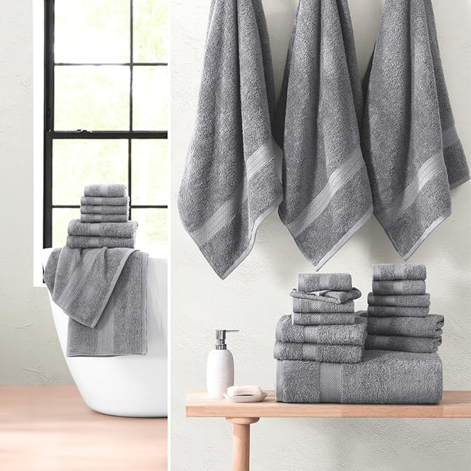 LANE LINEN Luxury 24 PCs Bath Towels Set - 100% Ring Spun Cotton Towels for Bathroom - Quick Dry, Soft & Absorbent, Perfect for Kids, Guest & Everyday Use - Oeko Tex Certified -Space Grey