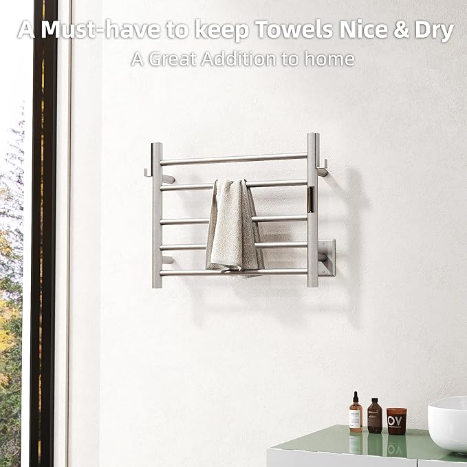 P&Dlusir Towel Warmer, Heated Towel Rack with Smart Timer and Thermo Control, Wall-Mounted Heated Towel Rail, Stainless Steel, Hard-Wired/Plug-in, Brushed, 5 bar