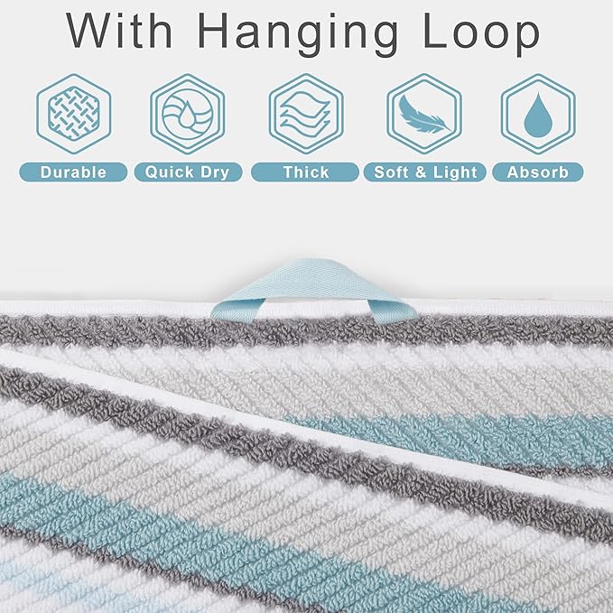 VOOVA & MOVAS Bathroom & Guest Room Aqua Striped Bath Towels (Set of 4, 28"x52") - 100% Cotton Lightweight Super Soft Highly Absorbent Quick Dry Shower Towels with Hanging Loop | Gray & Aqua Striped