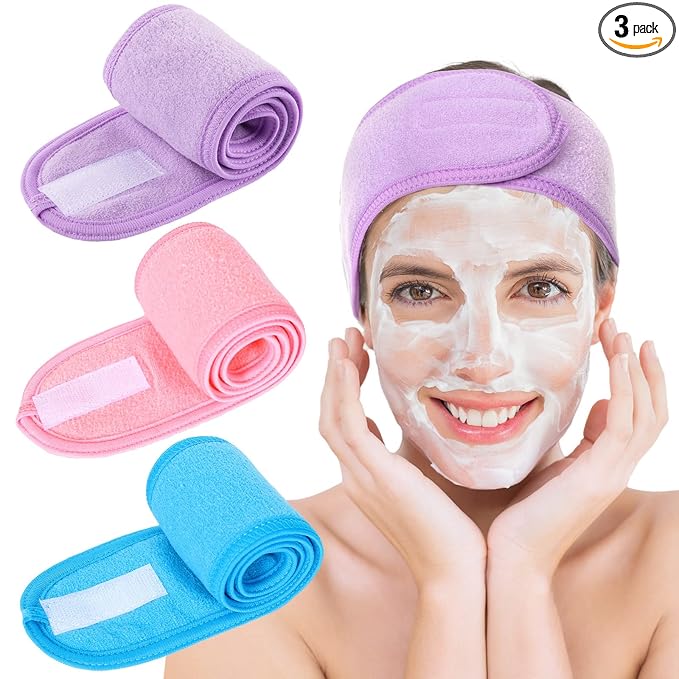 Whaline Spa Facial Headband Make Up Wrap Head Terry Cloth Headband Adjustable Towel Band for Face Washing Shower Facial Cover, 3 Pieces (Purple, Pink, Blue)