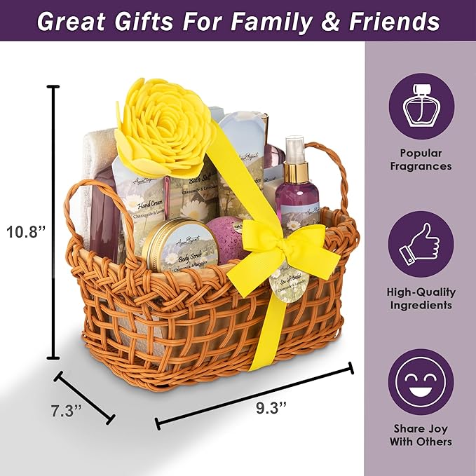 Aqua Elegante Spa Basket For Women - Deluxe Bath Set with Wash, Bubble Bath, Lotion, Salts, Body Scrub, Towel, Shower Puff, Bathbombs, Reusable Basket, Gifts for Mom, Wife, Her - Lavender & Chamomile