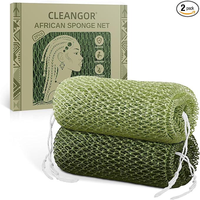 Cleangor 2Pcs African Net Sponge Authentic with Knots - Exfoliating Body Scrubber for All Skin Types, African Bath Sponge, Wash Cloth, Gentle Exfoliation Shower Rag for Women Daily Use