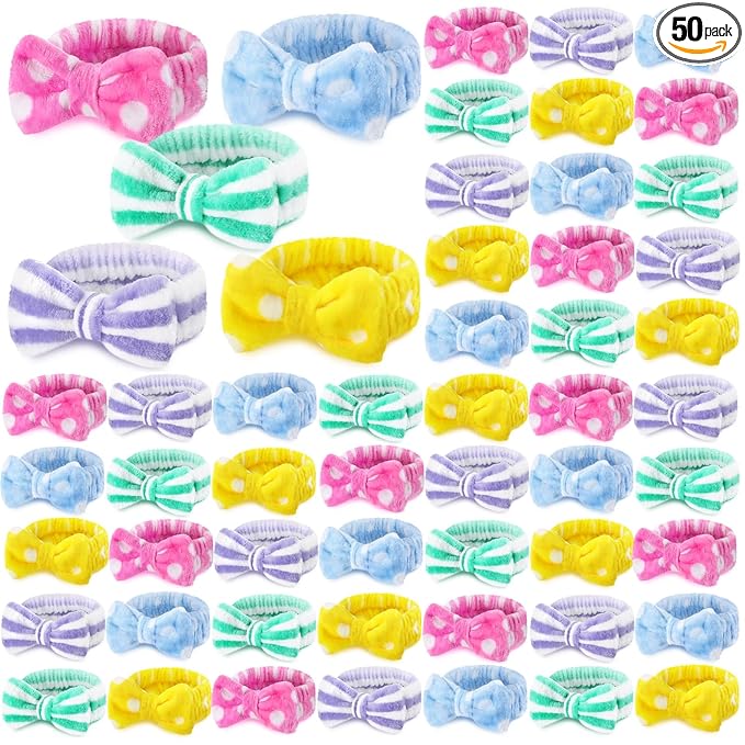 50 Pcs Pink Spa Headband Bulk Spa Sleepover Party Supplies for Washing Face with Removable Bow Makeup Elastic Bowknot Headband for Women Gifts Skincare Microfiber Hairband(Fresh Style)
