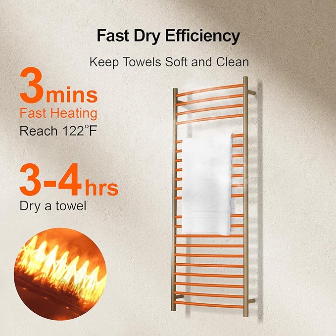 Electric Towel Warmer - Wall Mounted Bathroom Heated Towel Rack, Plug-in Design & Brushed Stainless Steel Finish Gold 21 Bar