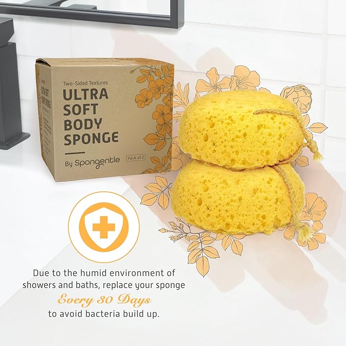 Spongentle Loofah Sponge for Shower and Bathing, Bath Sponge with Dual Texture, Shower Pouf for Gentle and Deep Exfoliation, Large Size Body Scrubber for Men & Women, PU Foam, 37% More Lather, 2 Pack