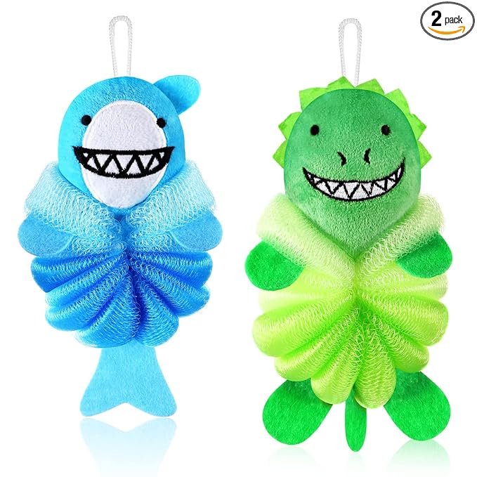 Nuenen 2 Pcs Bath Loofahs Kids Toddler Cute Cartoon Bath Sponges Loofah Pouf Body Scrubber Mesh Sponges for Children Shower Washing Exfoliating