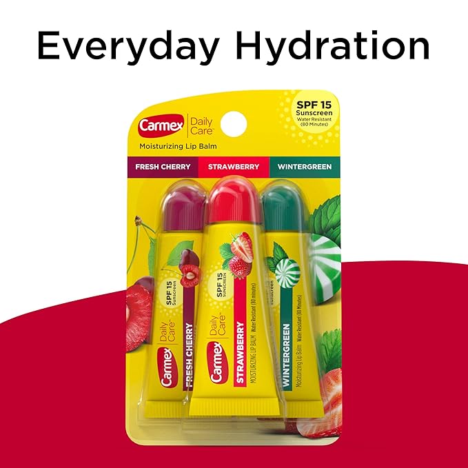 Carmex Daily Care Moisturizing Lip Balm Tubes with SPF, Fresh Cherry, Strawberry and Wintergreen Lip Balm Pack, 0.35 OZ - (3 Packs of 3)